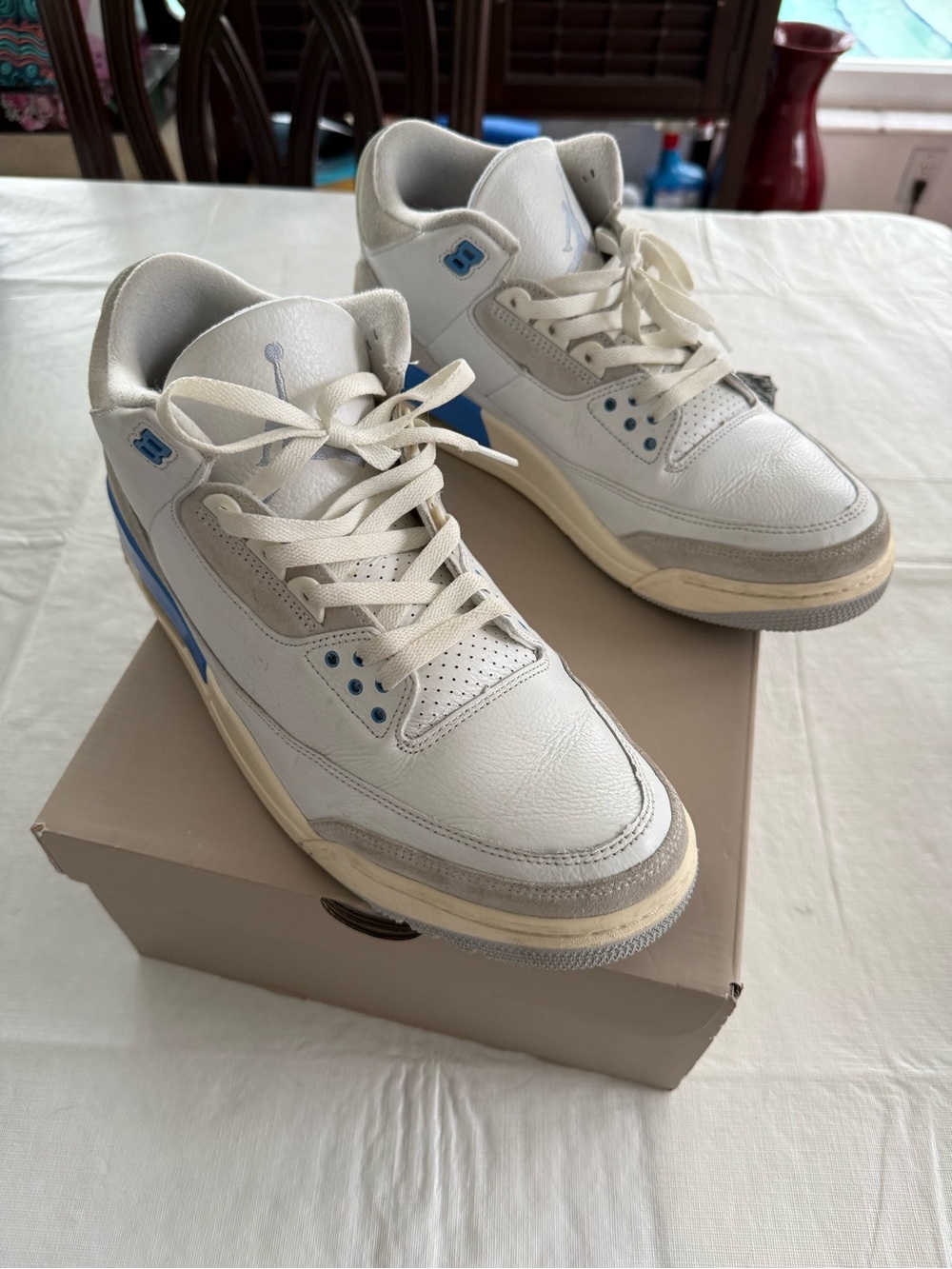 Jordan White and Light Blue Retro Low Sneakers
